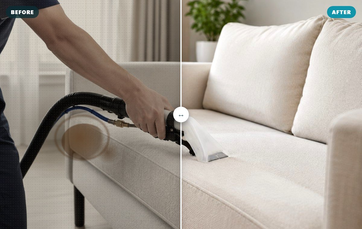 Before and after fabric sofa cleaning, coffee stain removal (illustrative) — Cleanitize Singapore