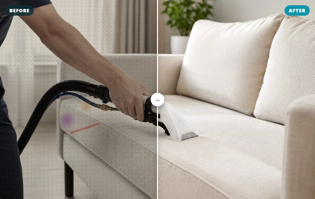Before and after fabric sofa cleaning, family stain removal (illustrative) — Cleanitize Singapore