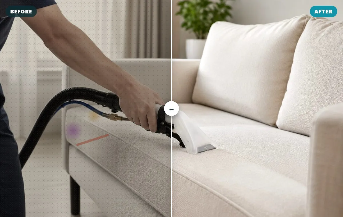 Before and after fabric sofa cleaning, family stain removal (illustrative) — Cleanitize Singapore