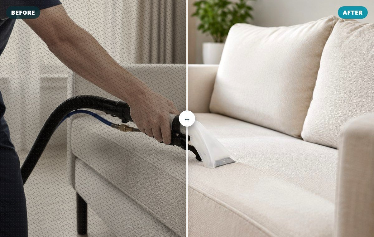 Before and after fabric sofa cleaning: pet hair and odour removal (illustrative)