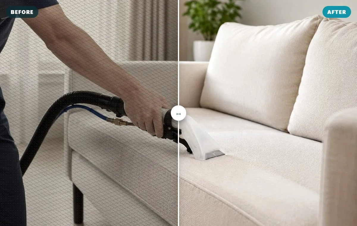 Before and after fabric sofa cleaning, pet hair and odour removal (illustrative) — Cleanitize Singapore