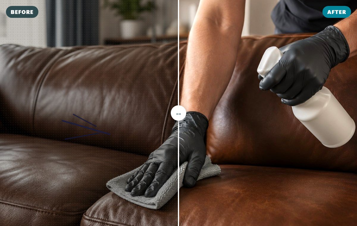 Before and after leather sofa cleaning, ink mark removal (illustrative) — Cleanitize Singapore