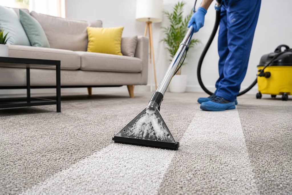 Technician using a hot-water extraction wand on grey carpet, leaving a cleaner stripe