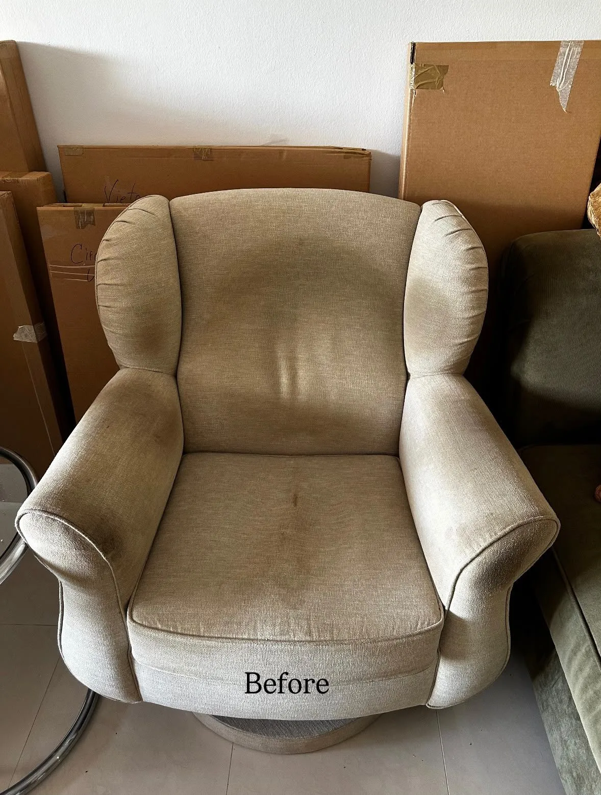 Fabric Wingback Armchair — before professional upholstery cleaning in Singapore by Cleanitize