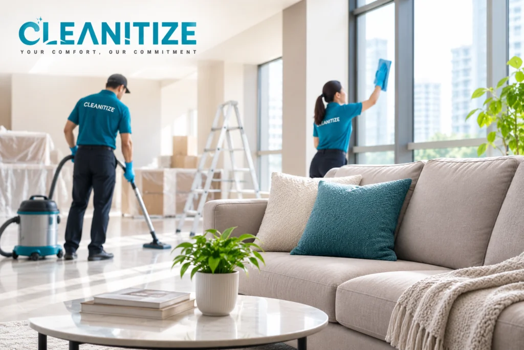 Cleanitize technicians vacuuming and wiping windows after a renovation