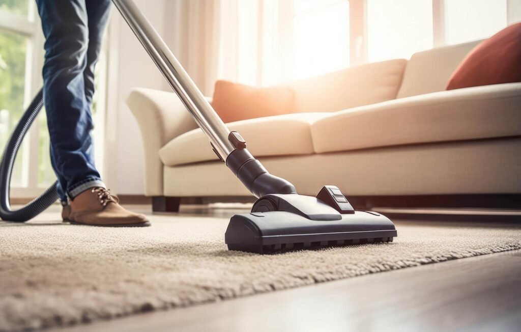 Vacuuming a beige living-room carpet in front of a cream sofa